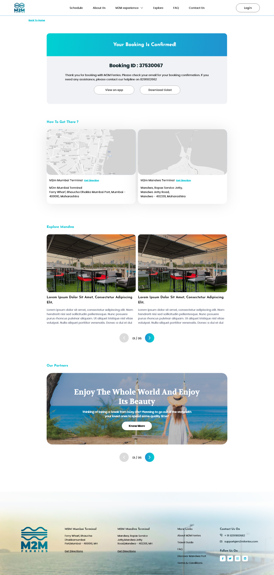 Confirmation page with port location and attractions
